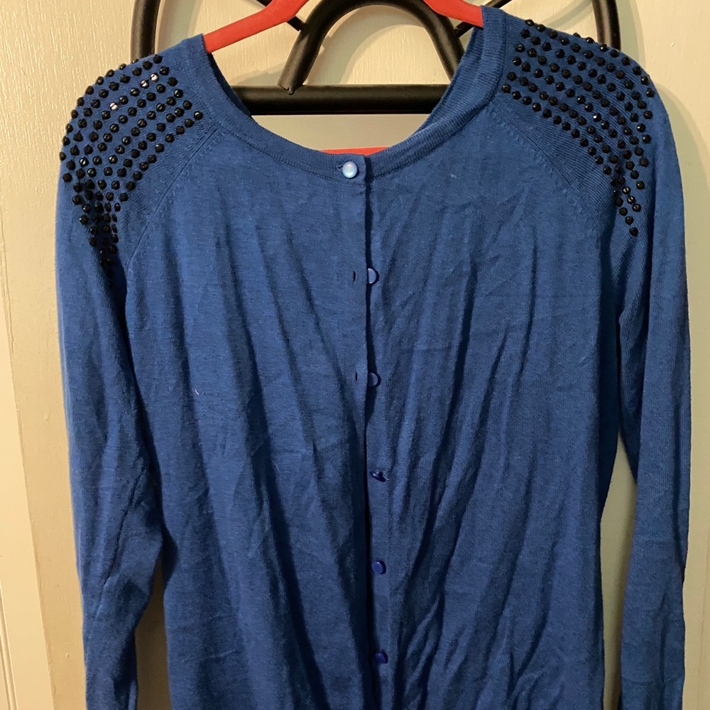 Royal blue cardigan w/black rhinestones